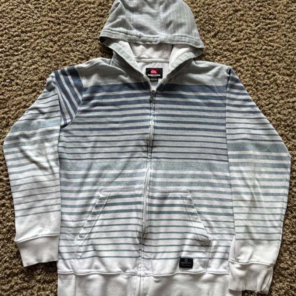 Quiksilver Striped Zip Up Hoodie Size M Blue White Surf Skate